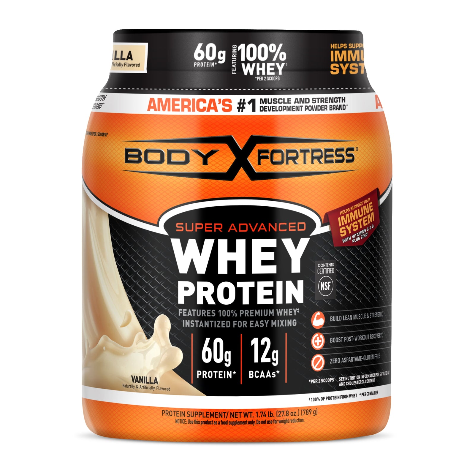Body Fortress Super Advanced Whey Protein Powder Vanilla 1.74 lb container