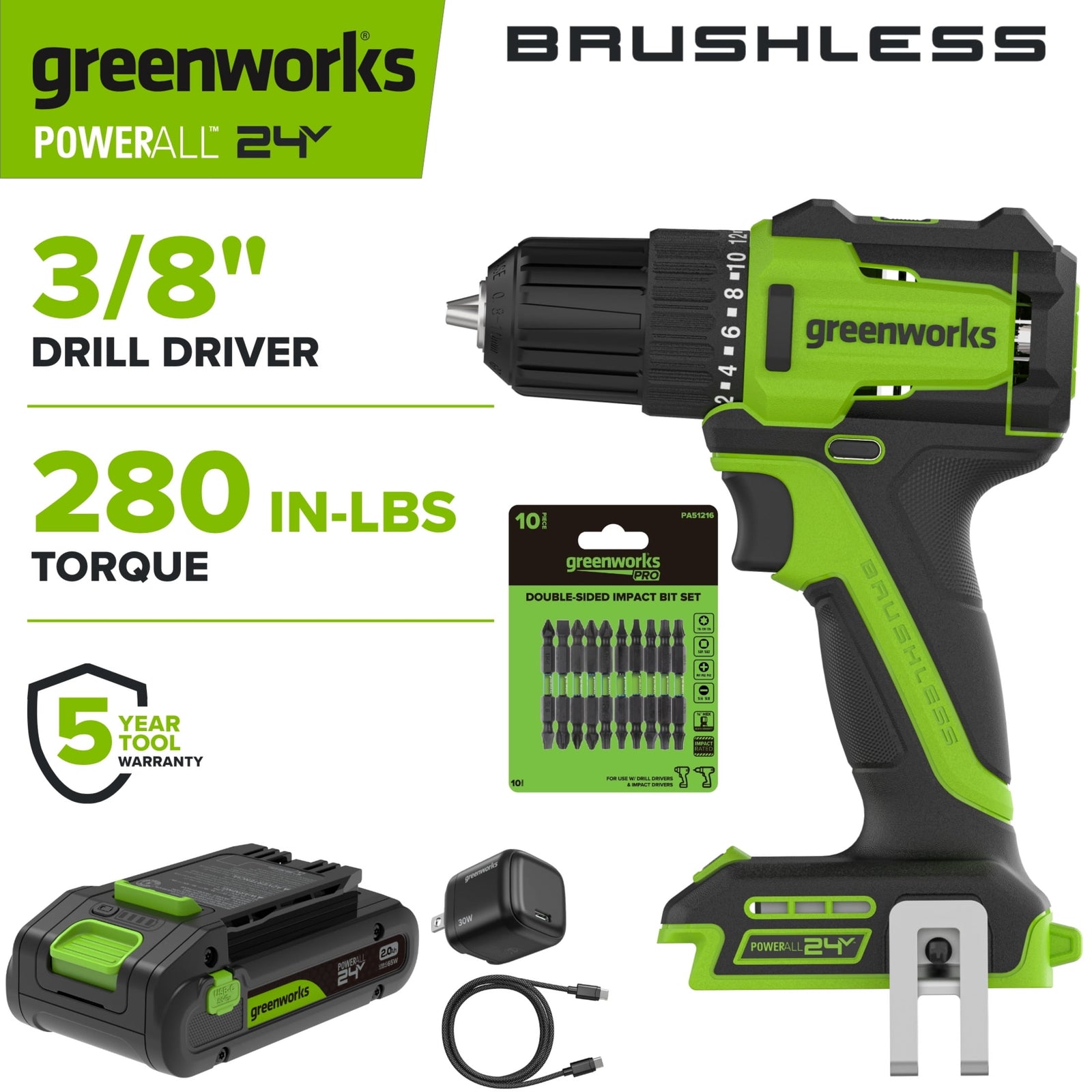 Greenworks PowerAll 24V Brushless 3/8 in Drill Kit