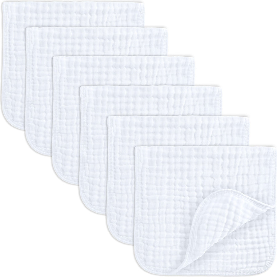 Comfy Cubs muslin burp cloths white 6 pack centered on a white background