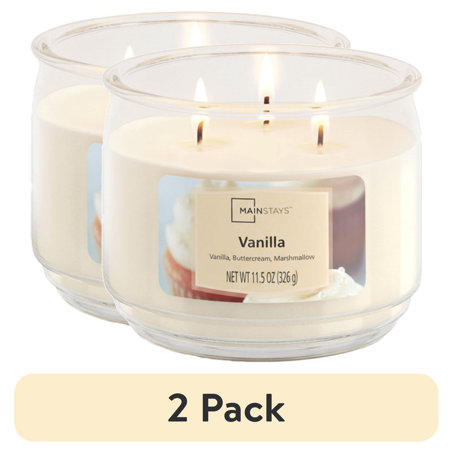 Mainstays Vanilla 3-wick glass jar candles, 11.5 oz, 2 pack