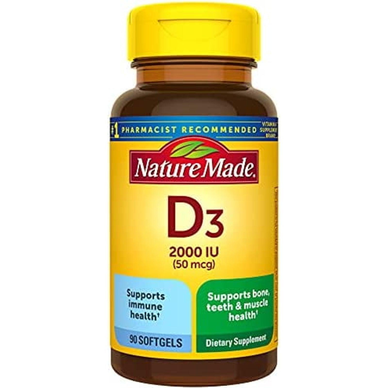 Nature Made Vitamin D3 2000 IU 90 softgels centered on a white background