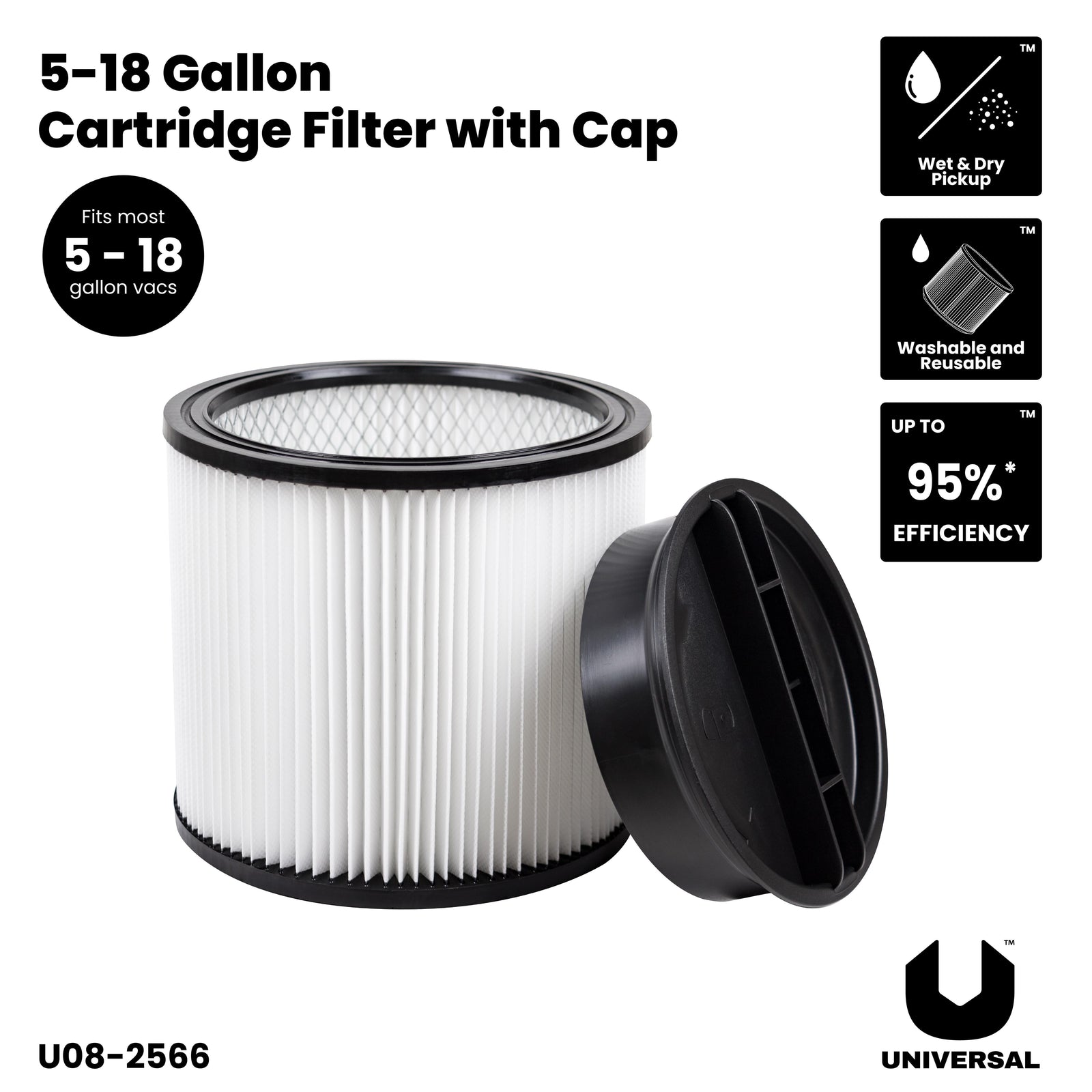 Universal standard dust cartridge filter with cap for compatible wet dry vacuums