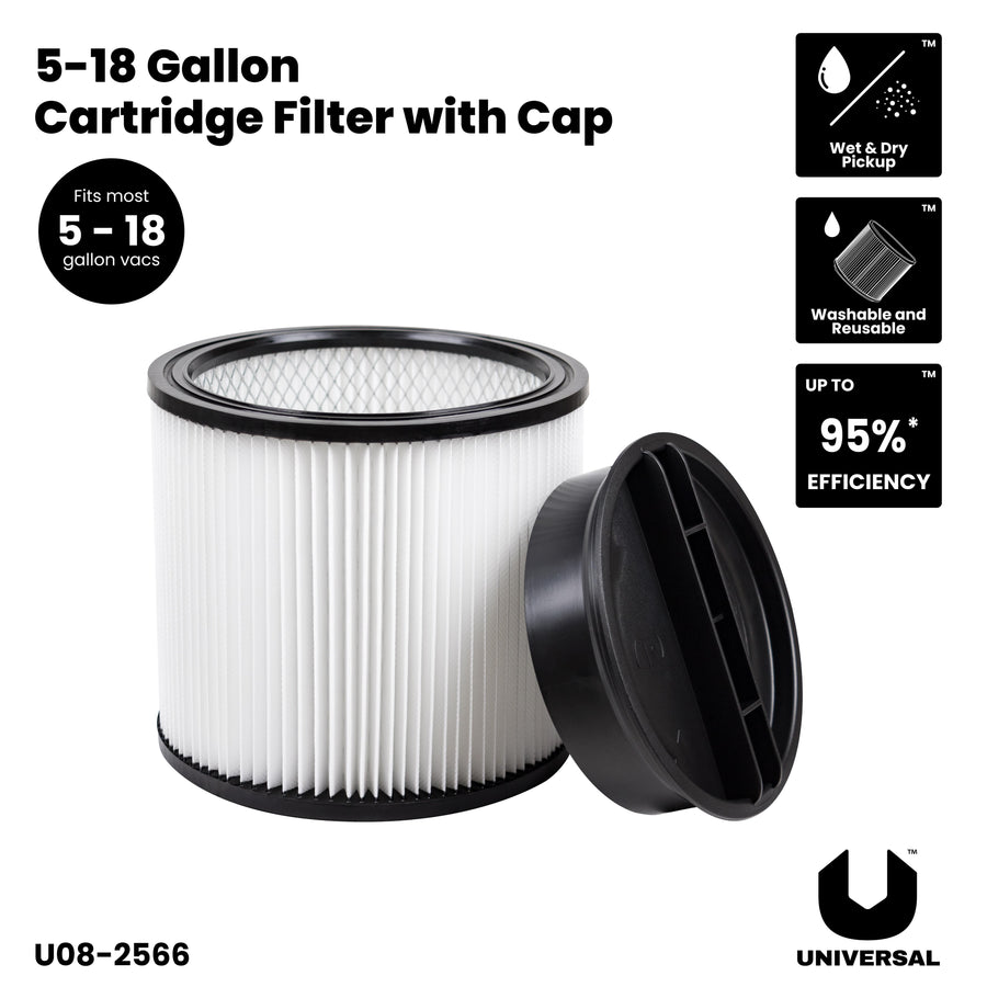 Universal standard dust cartridge filter with cap for compatible wet dry vacuums